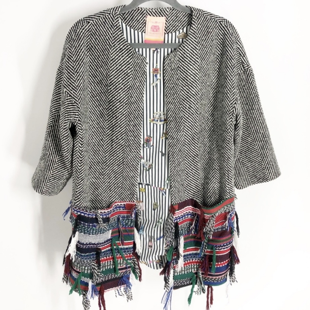 Vilagallo Anthropologie Women's Tweed Fringe Tribal Blazer Coat Jacket Size 42